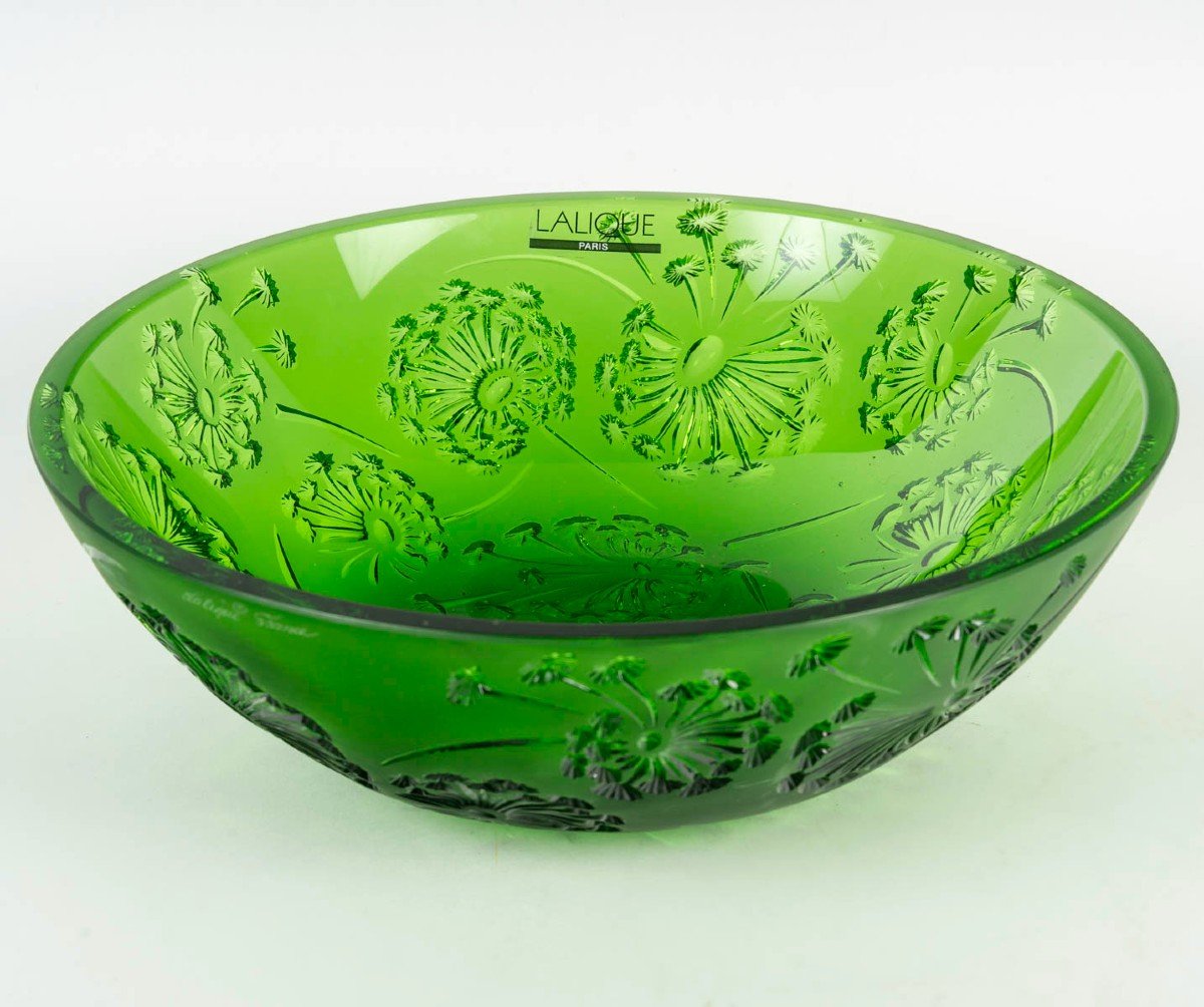 Maison Lalique France Coupe Verte au Décor de Fleurs de Pissenlits