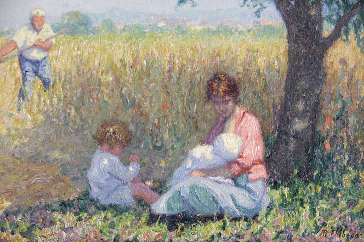 Raymond THIBESART (1874–1968)  :  Scène de moisson, le déjeuner  -photo-2