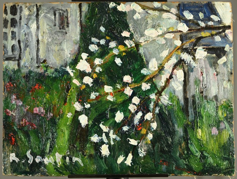 René SAUTIN (1881-1968) : Le coin du jardin, pommier en fleurs-photo-3