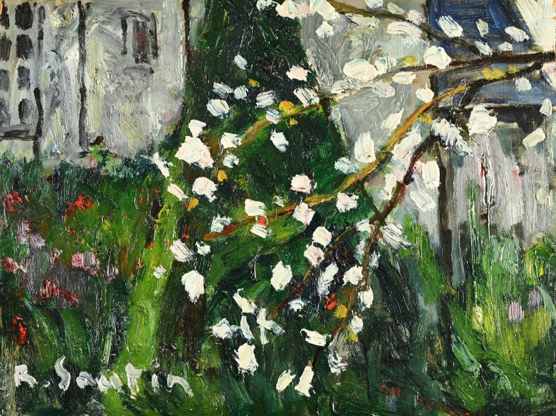 René SAUTIN (1881-1968) : Le coin du jardin, pommier en fleurs-photo-4