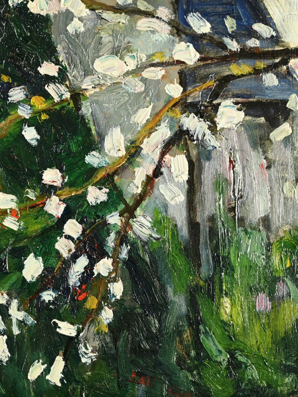 René SAUTIN (1881-1968) : Le coin du jardin, pommier en fleurs-photo-2