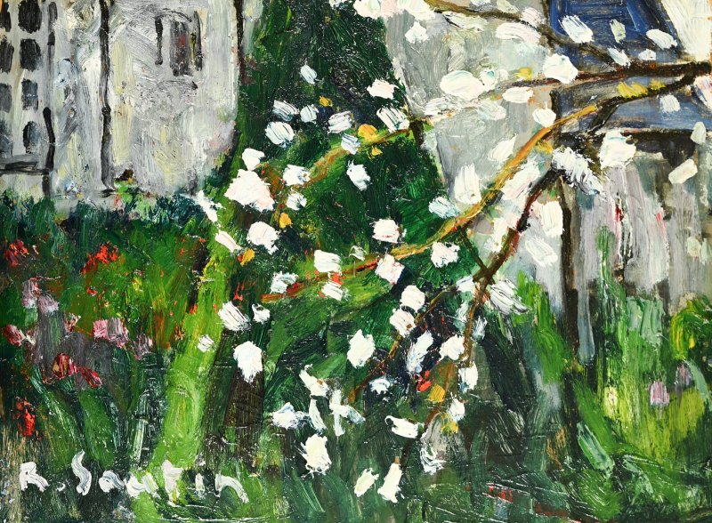 René SAUTIN (1881-1968) : Le coin du jardin, pommier en fleurs-photo-3