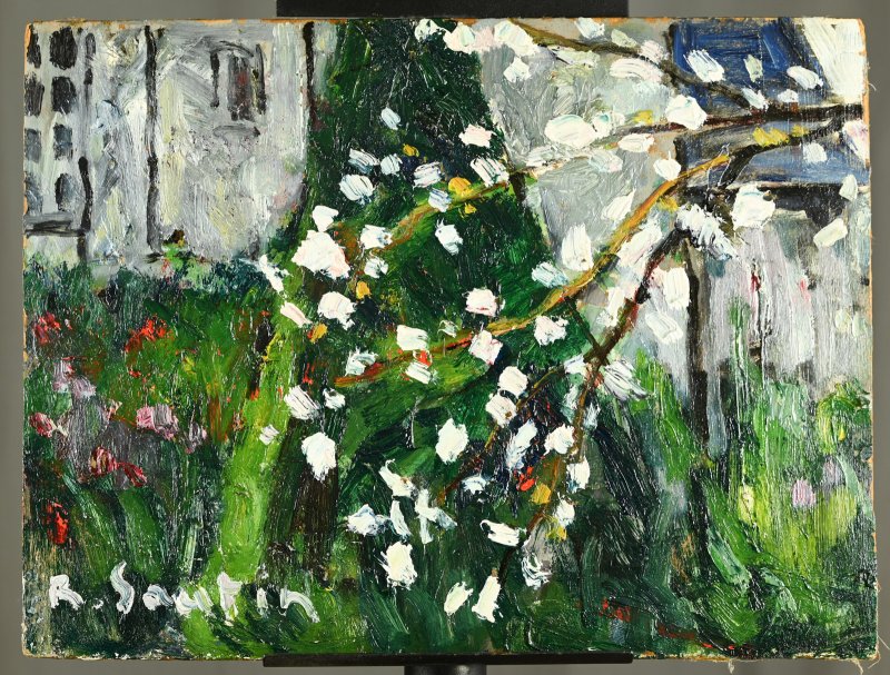 René SAUTIN (1881-1968) : Le coin du jardin, pommier en fleurs-photo-5