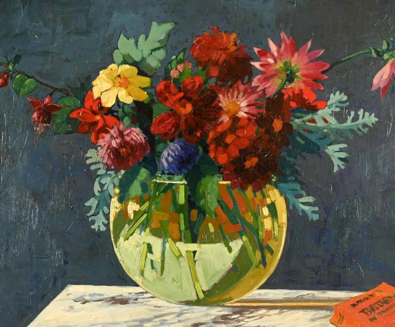 C. ZAMBONNELLI (XIX-XXe) :Bouquet au vase rond et au livre-photo-2