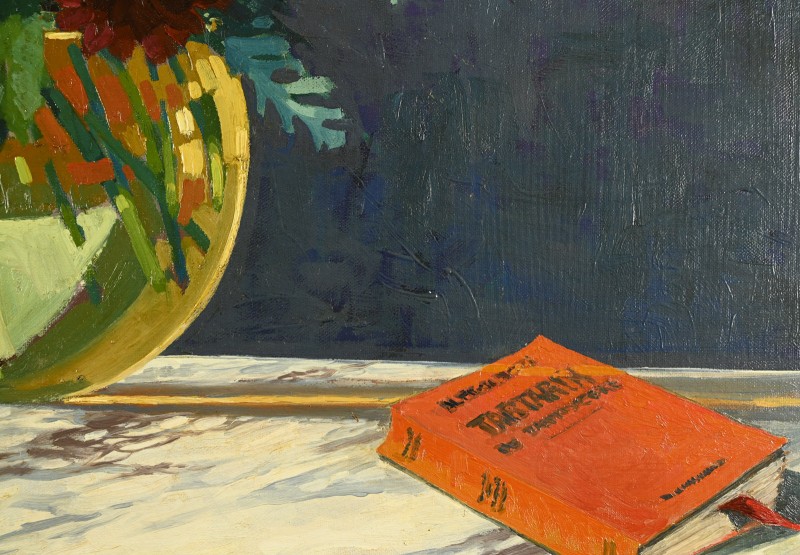 C. ZAMBONNELLI (XIX-XXe) :Bouquet au vase rond et au livre-photo-1