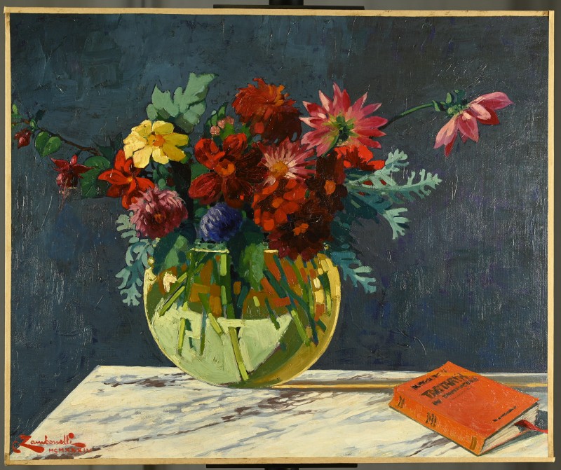 C. ZAMBONNELLI (XIX-XXe) :Bouquet au vase rond et au livre-photo-3