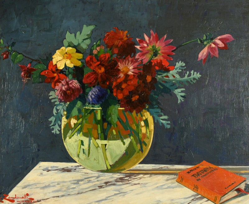 C. ZAMBONNELLI (XIX-XXe) :Bouquet au vase rond et au livre