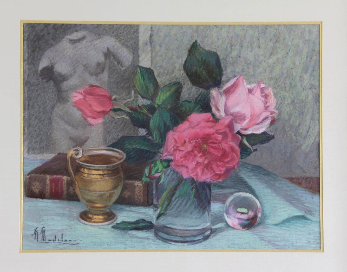 Hippolyte Madelaine (1871-1966): Vase Of Roses-photo-3