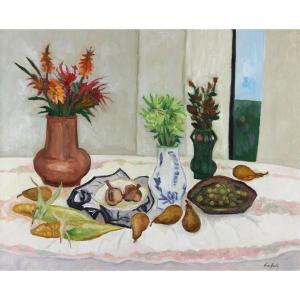 Arthur Van Hecke (1924-2003)  Fruits, Maïs Et Raisins