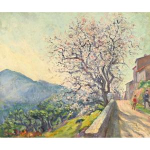 Julien Feron (1864-1944) : Amandier en fleurs sur les hauteurs de Gassin