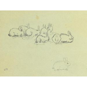  Camille PISSARRO (1830 - 1903) : Etude de mains, Etude de lapins