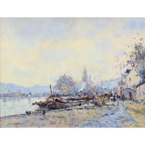 Jean Pierre Dubord (né en 1949) - Péniches dans le Bras de Seine