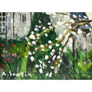 René SAUTIN (1881-1968) : Le coin du jardin, pommier en fleurs