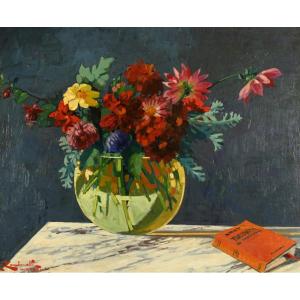 C. ZAMBONNELLI (XIX-XXe) :Bouquet au vase rond et au livre