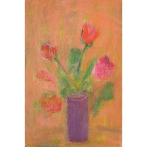 The Tulips - Lyne Seybel (1919-2009) Oil On Canvas 41x27 Cm