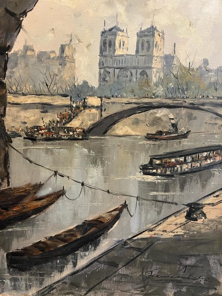 Tableau, Paris Notre-dame Au Bord De La Seine. Signé Illisible -photo-4