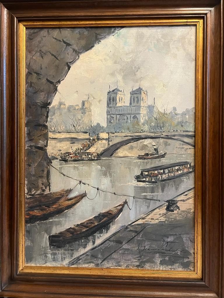 Tableau, Paris Notre-dame Au Bord De La Seine. Signé Illisible -photo-1