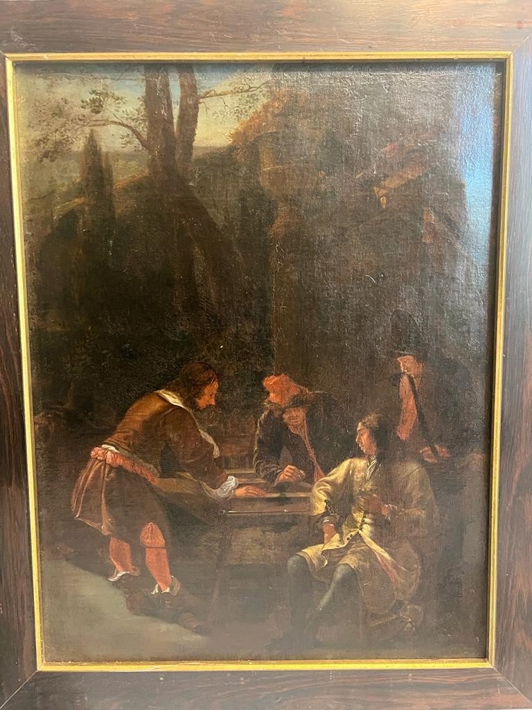 Tableau, Joueurs à La Table De Jeux,  XVlll ème. 54,5 X  70 Cm.-photo-1