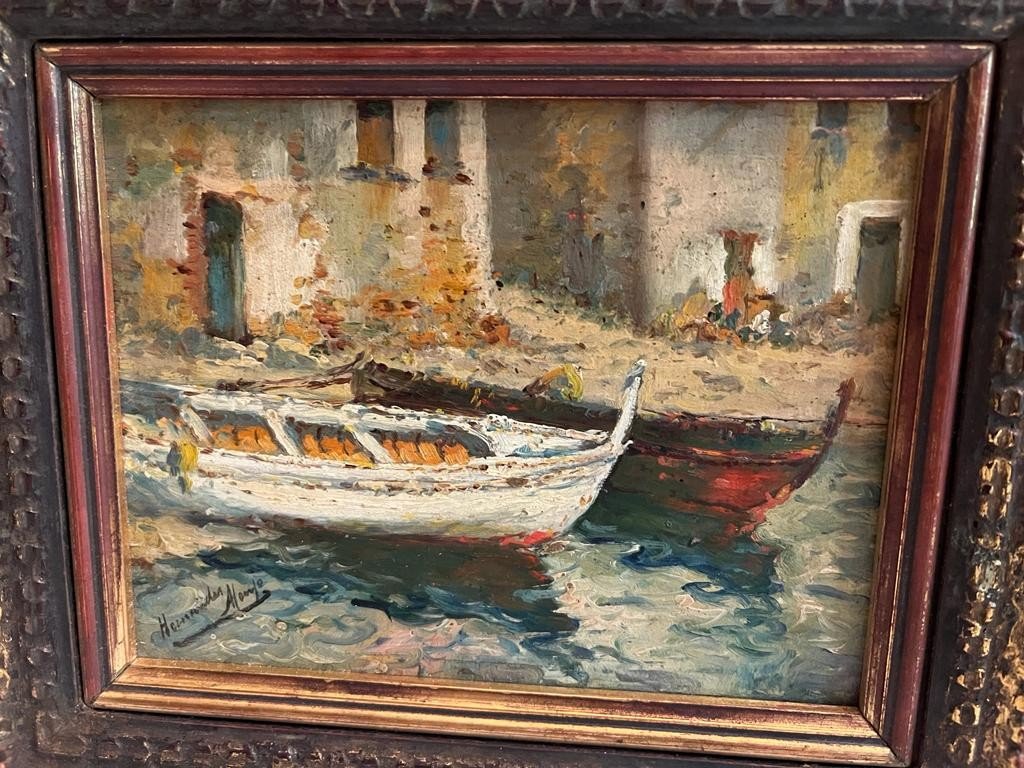 Tableau, Barques à Quai,signé Hermandez Monjo.