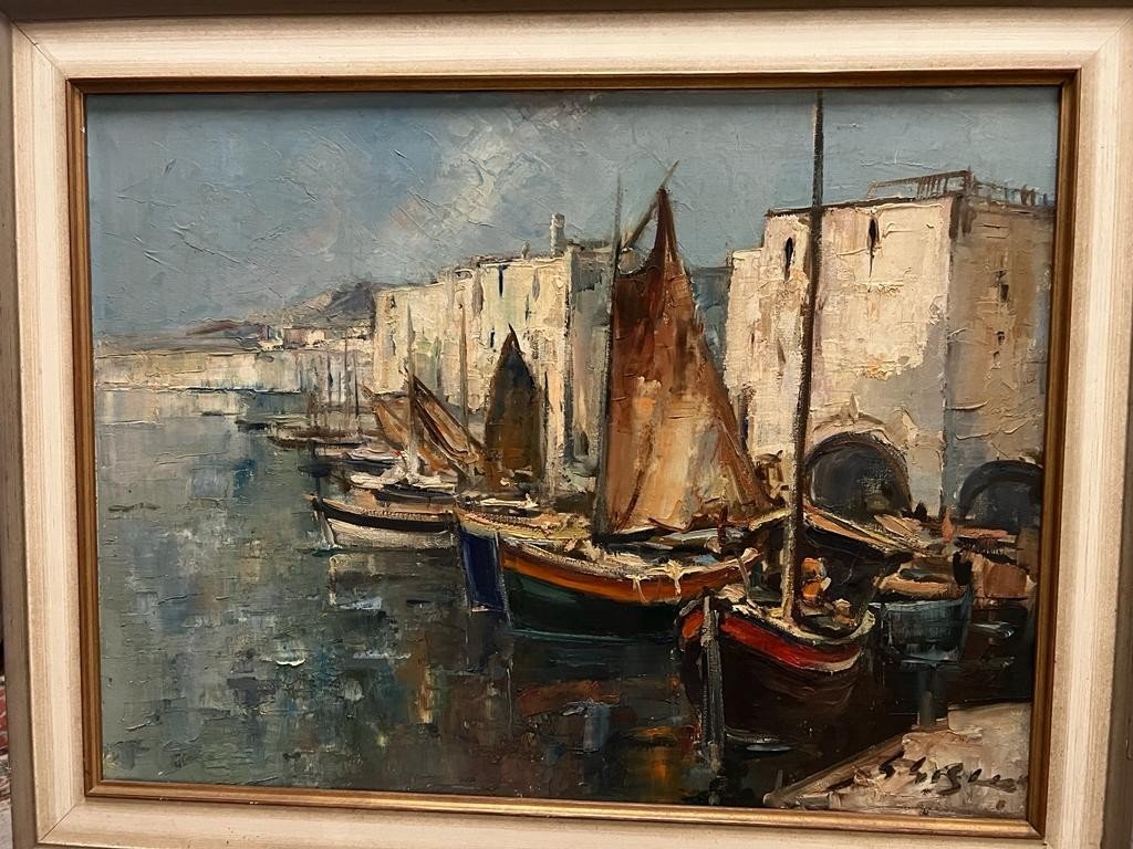 Tableau Signé Illisible Bateaux à Quai -photo-3
