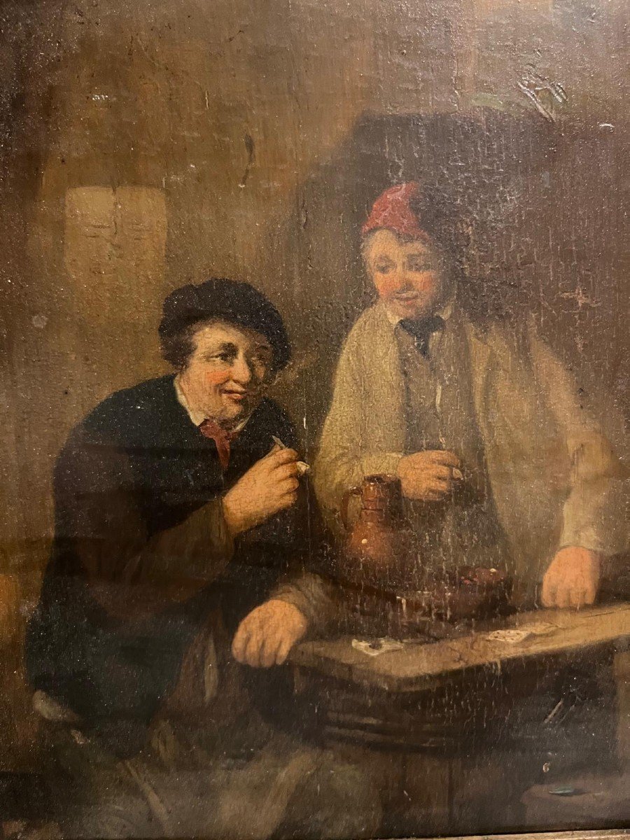 Tableau Signé Illisible, école Du Nord, Les Joueurs Cartes,  Huile Sur Bois. -photo-2