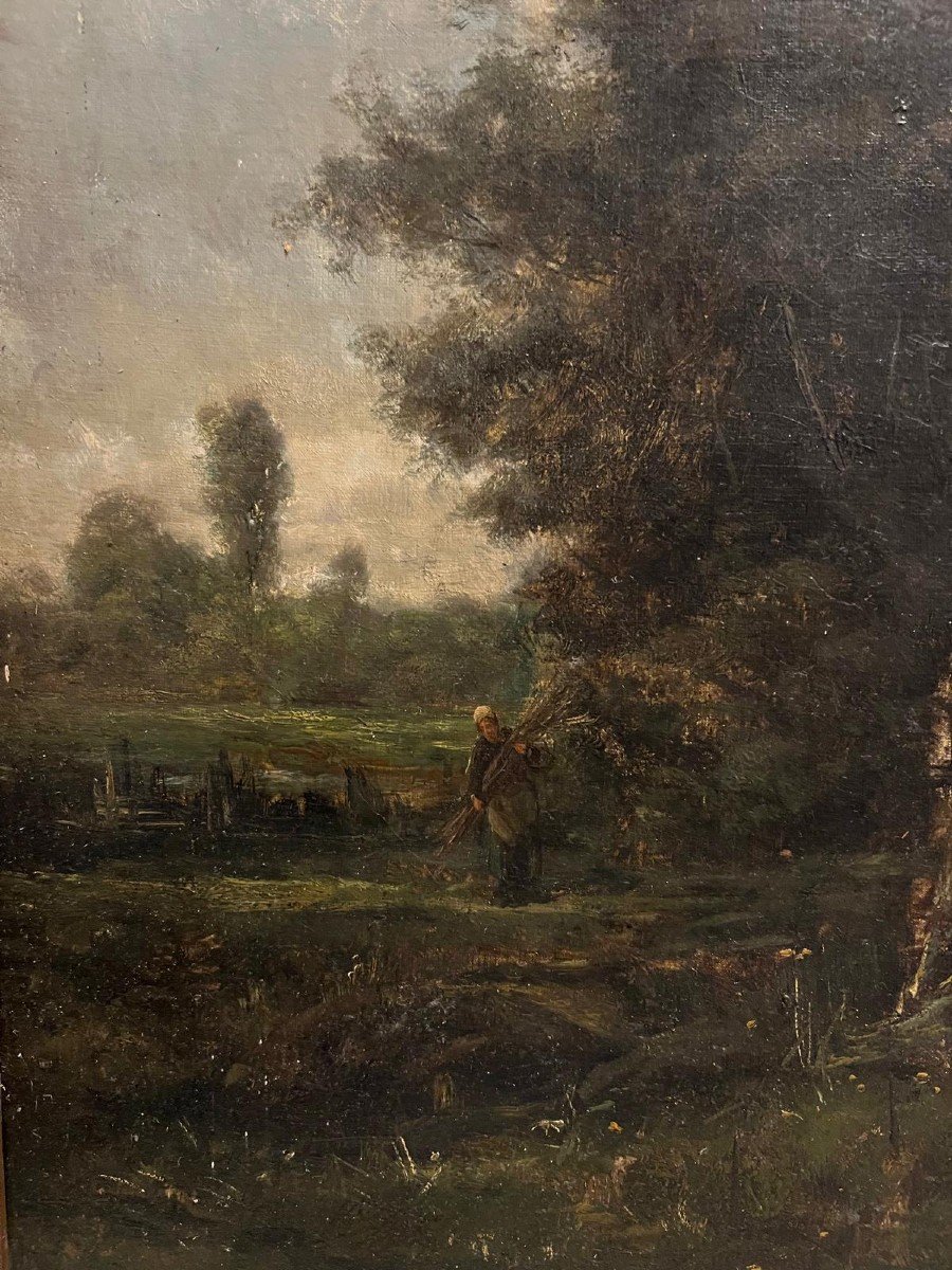 Tableau Paysage école De Barbison Femme en Forêt Signé  B.D ILLISIBLE. -photo-3