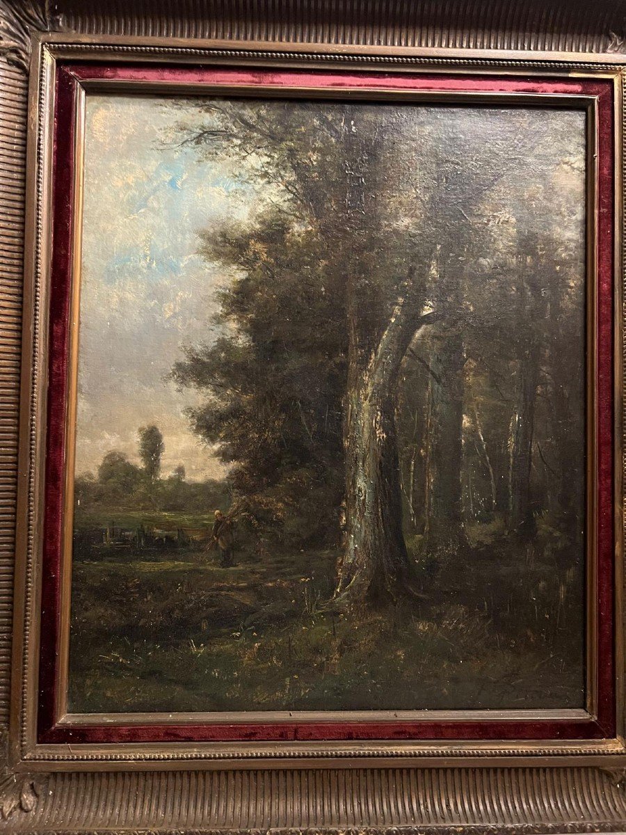 Tableau Paysage école De Barbison Femme en Forêt Signé  B.D ILLISIBLE. -photo-1