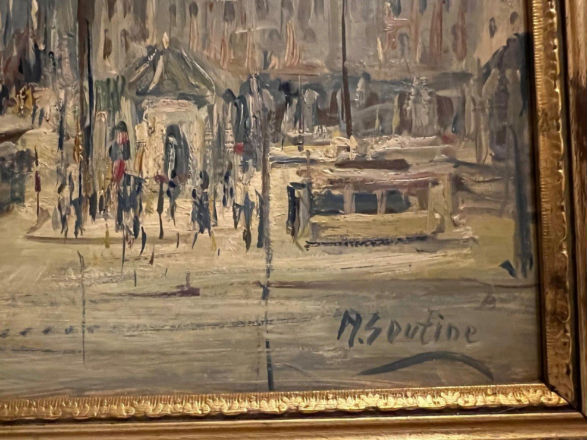 Painting Signed M. Soutine. Animated City, Oil On. -photo-2