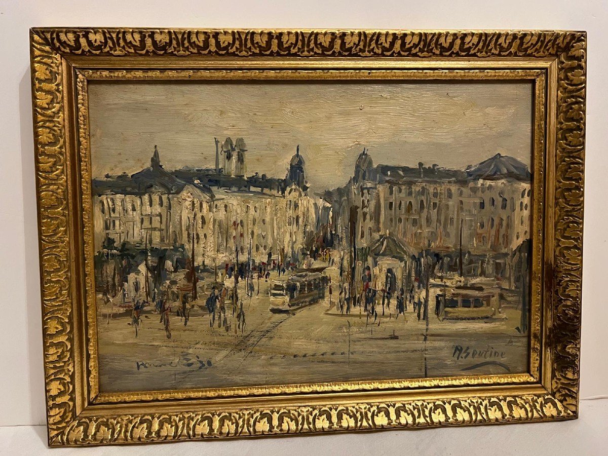 Painting Signed M. Soutine. Animated City, Oil On. -photo-3
