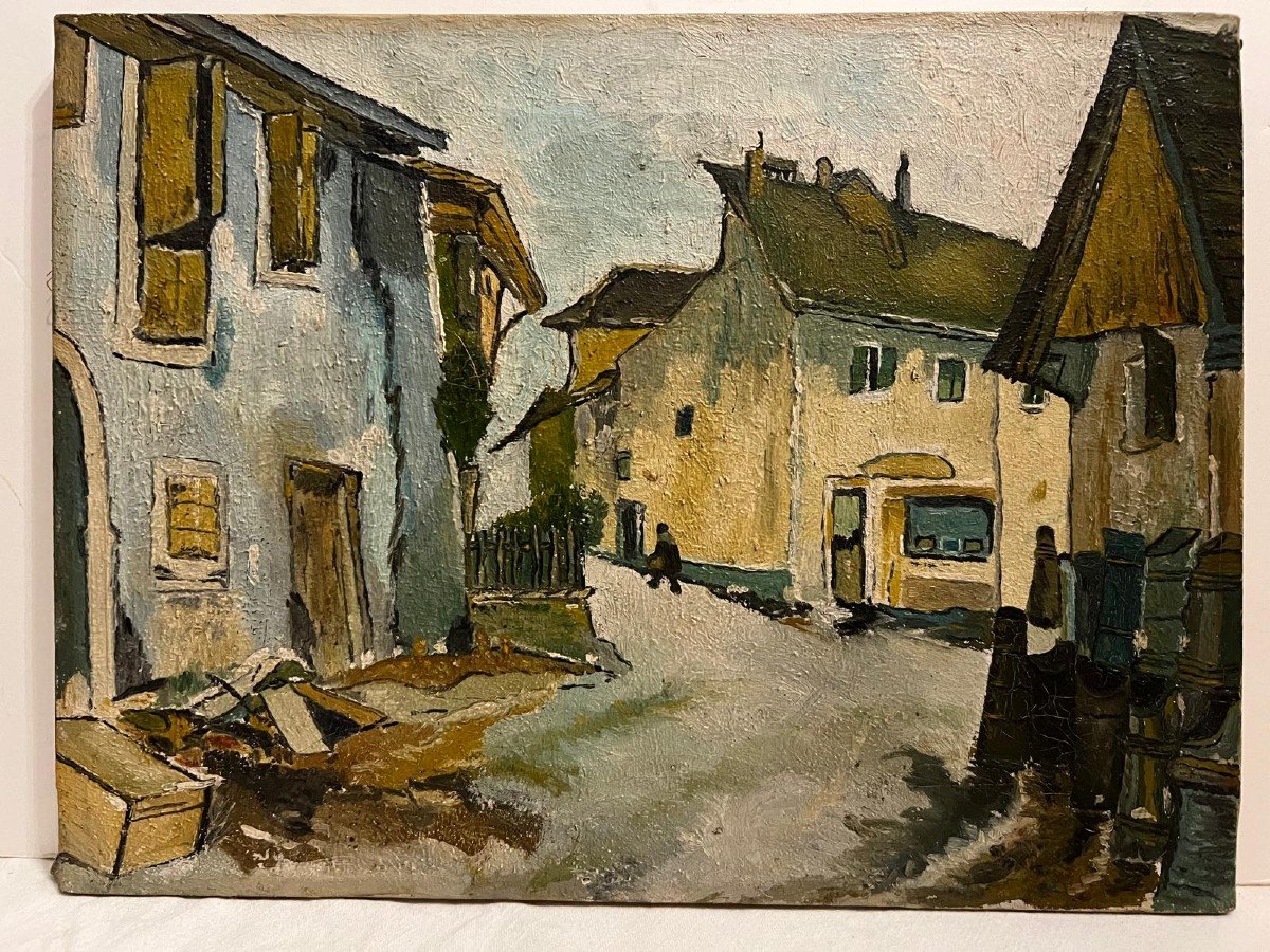 Tableau, Village Paysage,  Digne d'Un Bon Peintre,  Huile Sur Toile. -photo-3