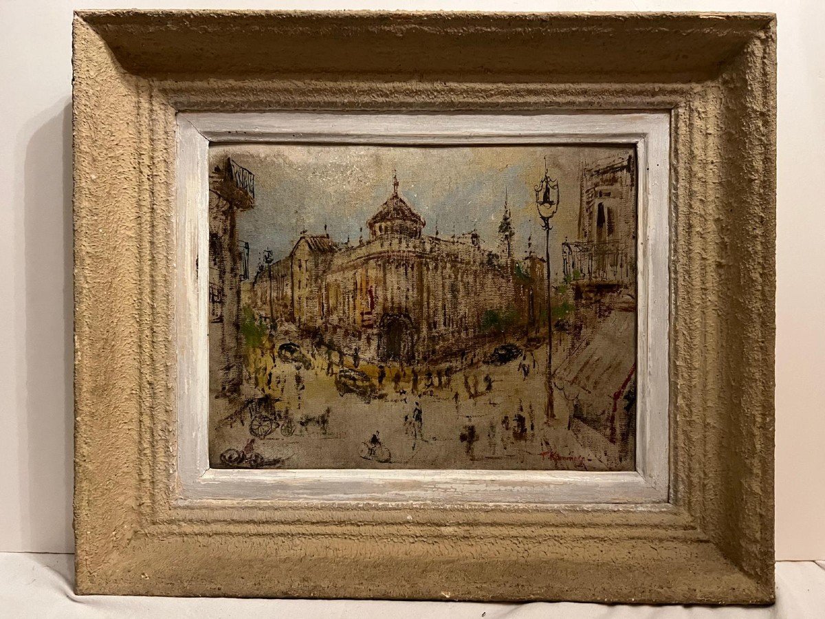 Painting Rue De Paris, Signed Kaminagai Tadashi. 1899-1982, Mounted On Cardboard To Be Restored. -photo-2