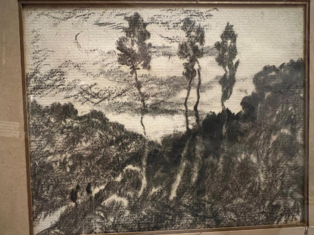 2 Landscape Paintings Charcoal Drawing Signed, Henri Joseph Harpignies, 1819-1916.-photo-2