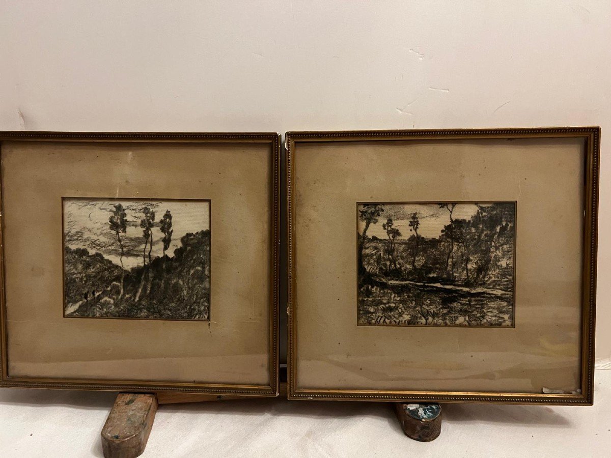 2 Landscape Paintings Charcoal Drawing Signed, Henri Joseph Harpignies, 1819-1916.-photo-4