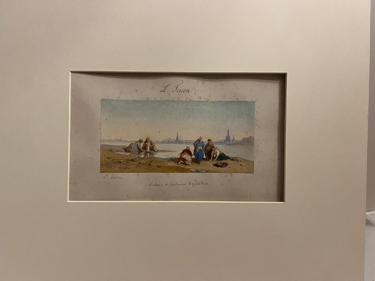 Painting Women Collecting Shells, Signed Louis Tesson, 1820-1870