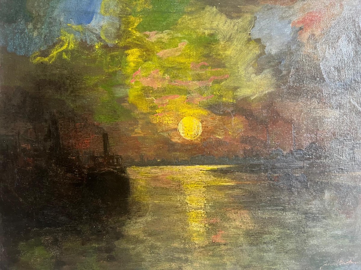 Landscape Painting Of A Boat Dock, Factory And Morning Sun. 