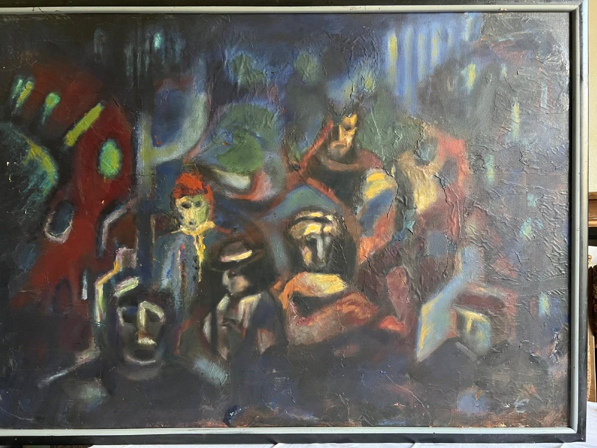 Tableau Modern Travail Mixte,collage, Huile Signé Illisible. -photo-2