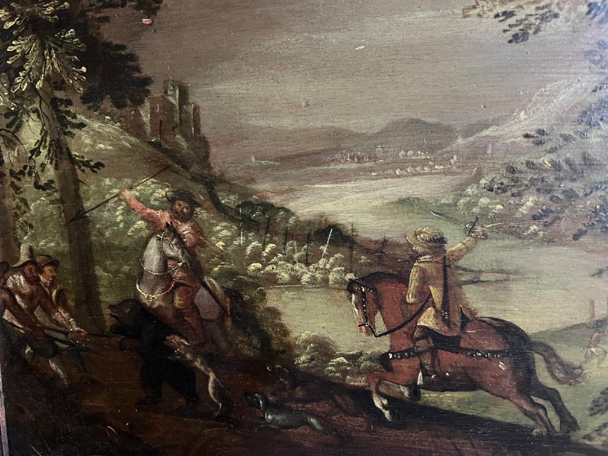 Tableau Chasse l'Ours, 18 ème Huile Sur Bois  .