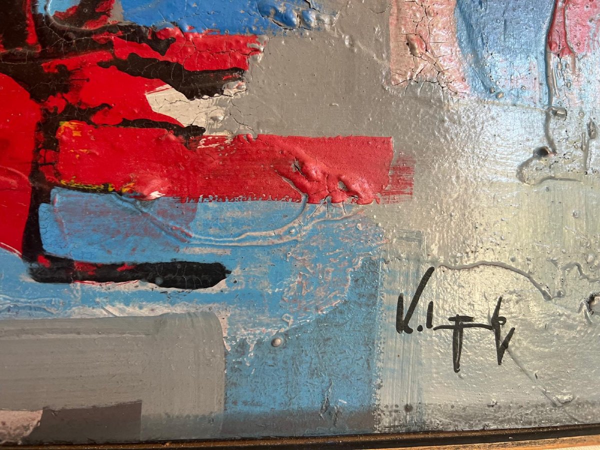Tableau  Signé Illisible Modern, Huile Sur Bois. -photo-2