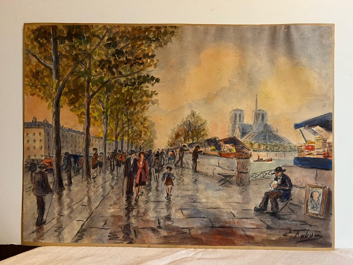 Tableau Les Bouquinistes Prés De Notre-dame,signé Illisible Pastel Sur Papier. -photo-3
