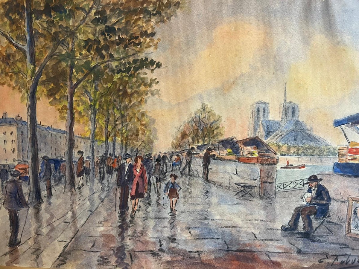 Tableau Les Bouquinistes Prés De Notre-dame,signé Illisible Pastel Sur Papier. 