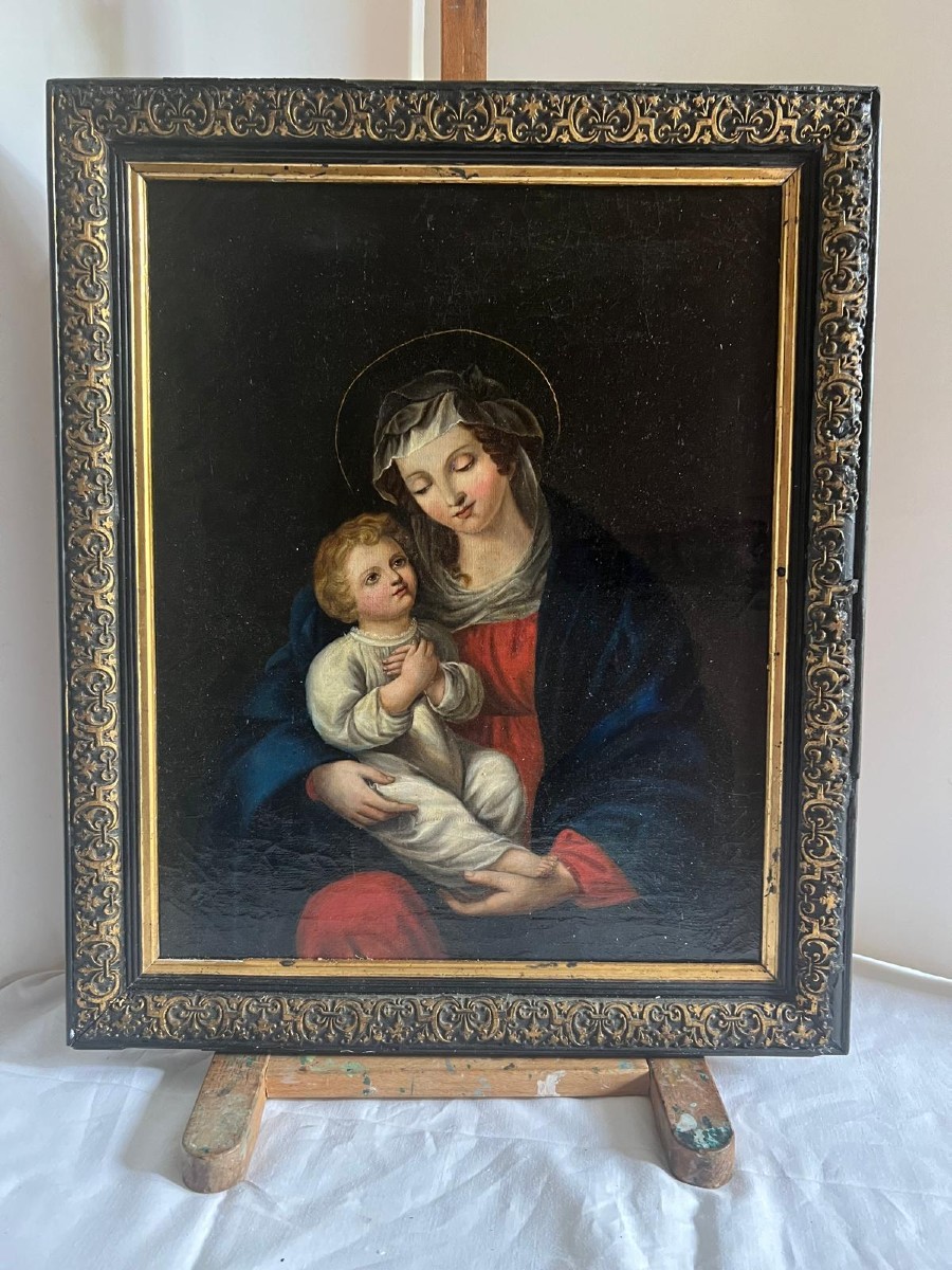 19th Century Virgin And Child Painting, Oil On Canvas Mounted. 