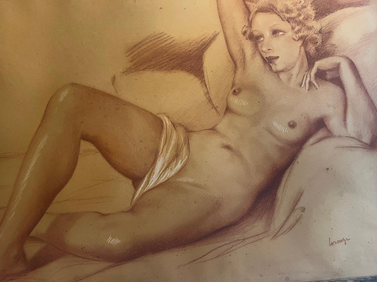 Tableau Signé Illisible Femme Nu, Sanguine Sur Papier Année 30.