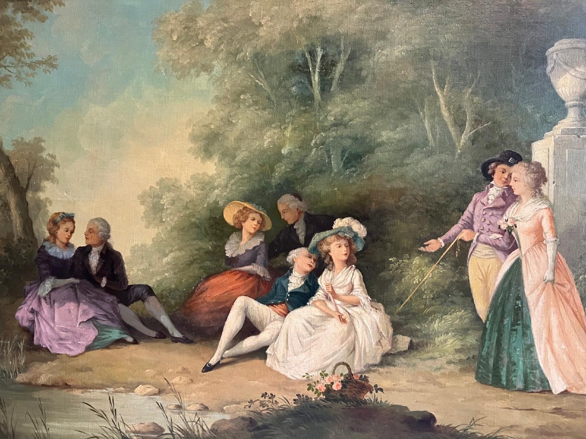 Painting Park Animated By The People Of The Castle, Oil On Canvas.