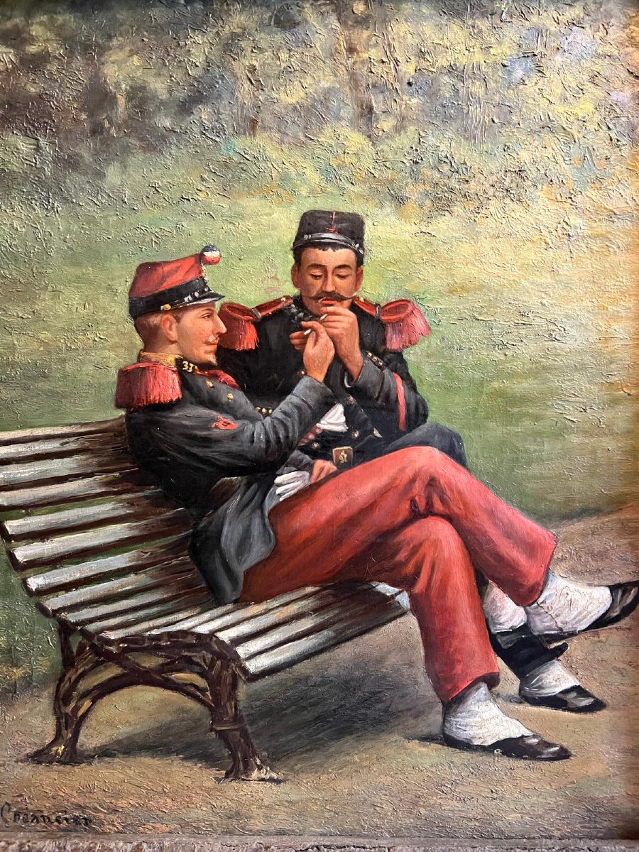 Painting Soldiers Resting, Signed Illegibly. -photo-2
