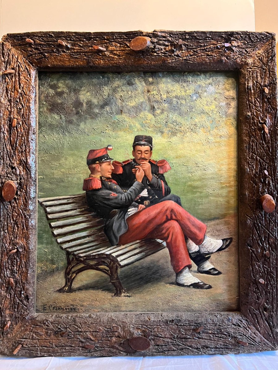 Painting Soldiers Resting, Signed Illegibly. 