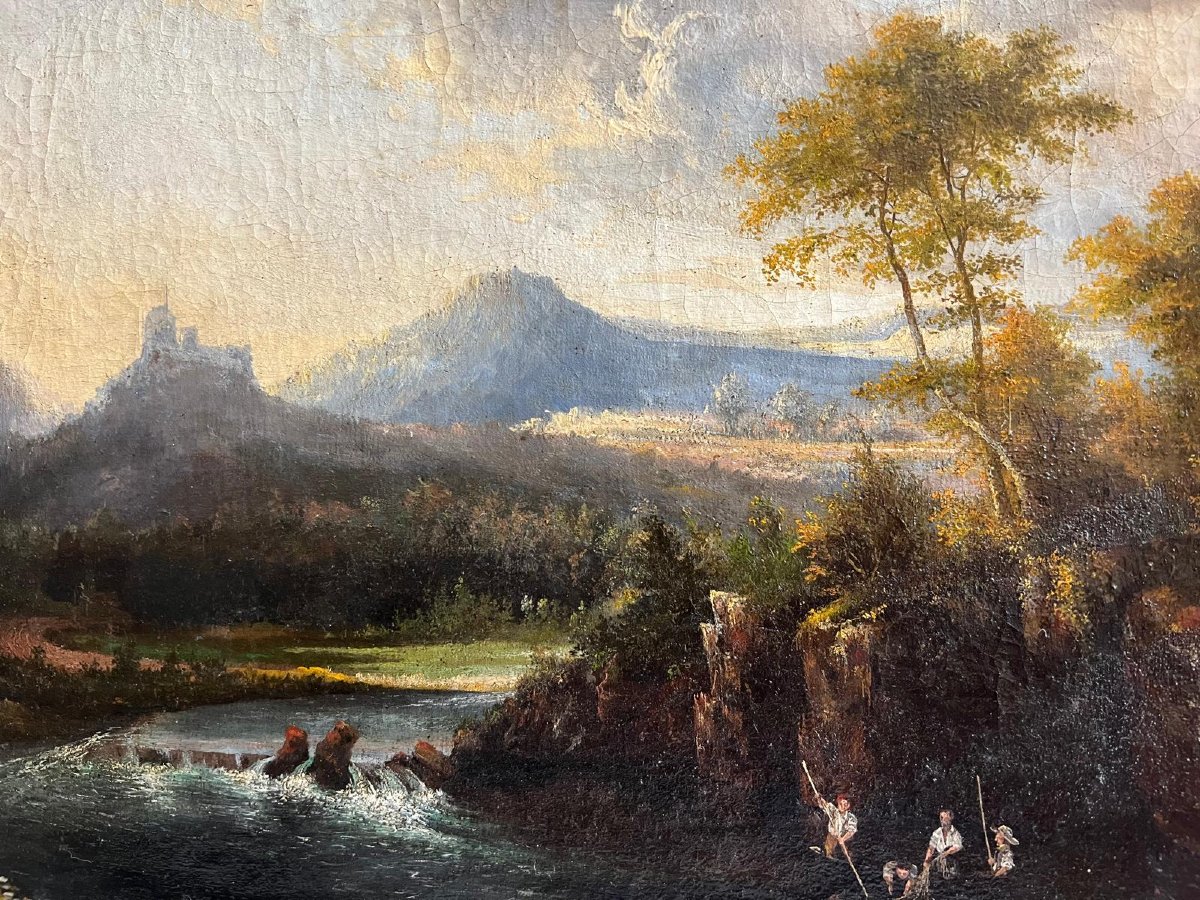 Beautiful Animated Landscape Painting, Fishermen On The Riverbank, Circa 1800, Very Good Frame. -photo-4