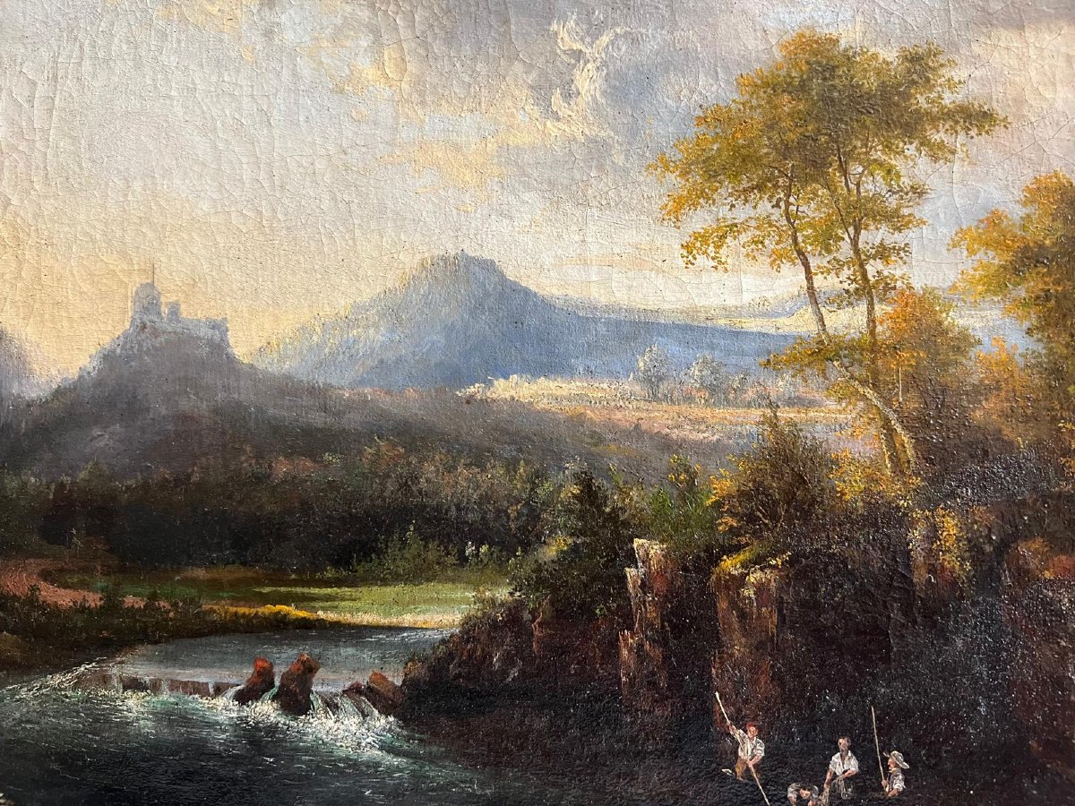 Beautiful Animated Landscape Painting, Fishermen On The Riverbank, Circa 1800, Very Good Frame. -photo-2