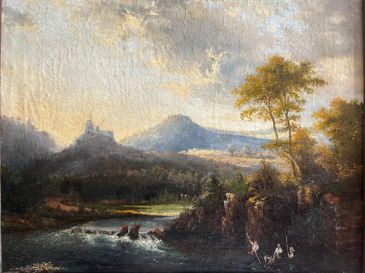 Beautiful Animated Landscape Painting, Fishermen On The Riverbank, Circa 1800, Very Good Frame. -photo-3