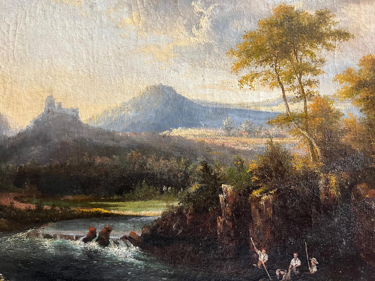 Beautiful Animated Landscape Painting, Fishermen On The Riverbank, Circa 1800, Very Good Frame. 