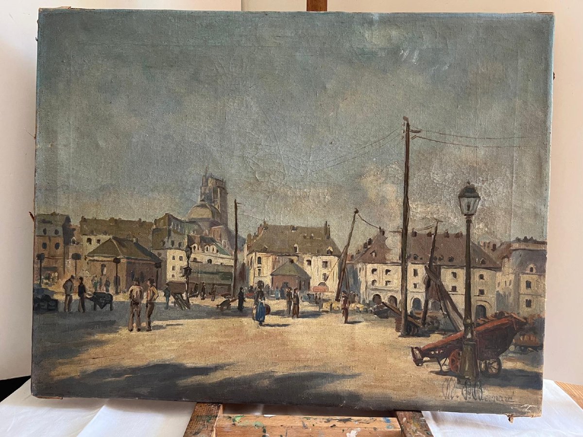 Tableau Place Du Village Animé, Huile Sur Toile, Signé Bernard. -photo-4